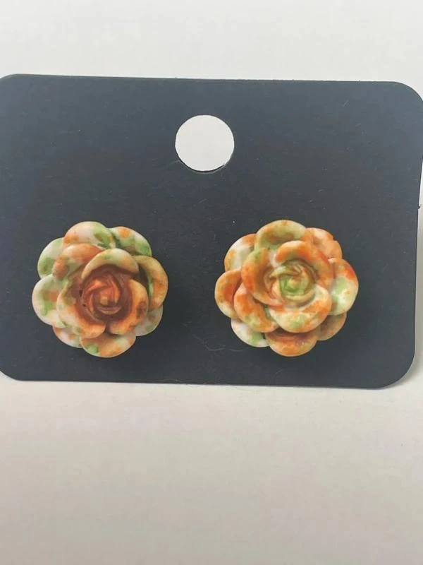 Boucles d’oreilles grande rose orange et vert